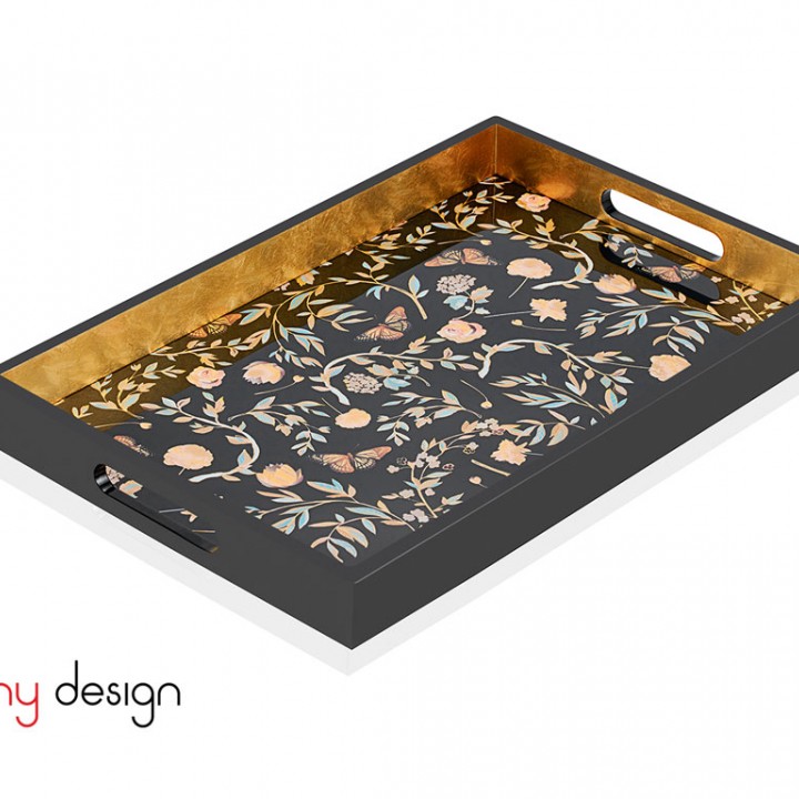 Black rectangle lacquer tray with flower and butterfly pattern 30*45*4.5 cm